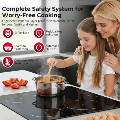 6000W Built-in Ceramic Hob, 4 Zone Induction Cooktop with Touch Control, 9 Power Levels, Timer & Child Lock, 60cm Black Glass