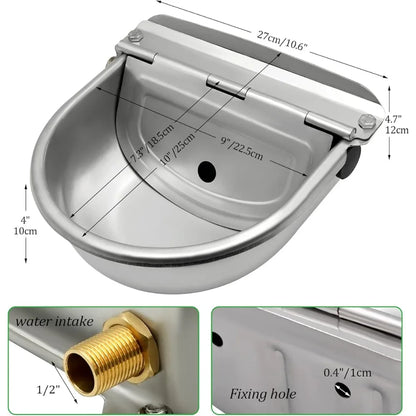 Silver Stainless Steel Automatic Livestock Water Bowl with Brass Float Valve, Durable Water Level Control Drinking Bowl for Horses, Cattle, Sheep, Goats, Alpacas, and Dogs in Farm and Stable Use