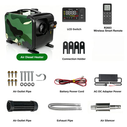 Sunster Portable Camo Diesel Air Heater 8KW with Handle 12/24V 110-240V All in One Smart Heater 35dB Quiet Fast Heat No Cold Air CO Monitor Kit for Motorhome Trailer Pickup Camping