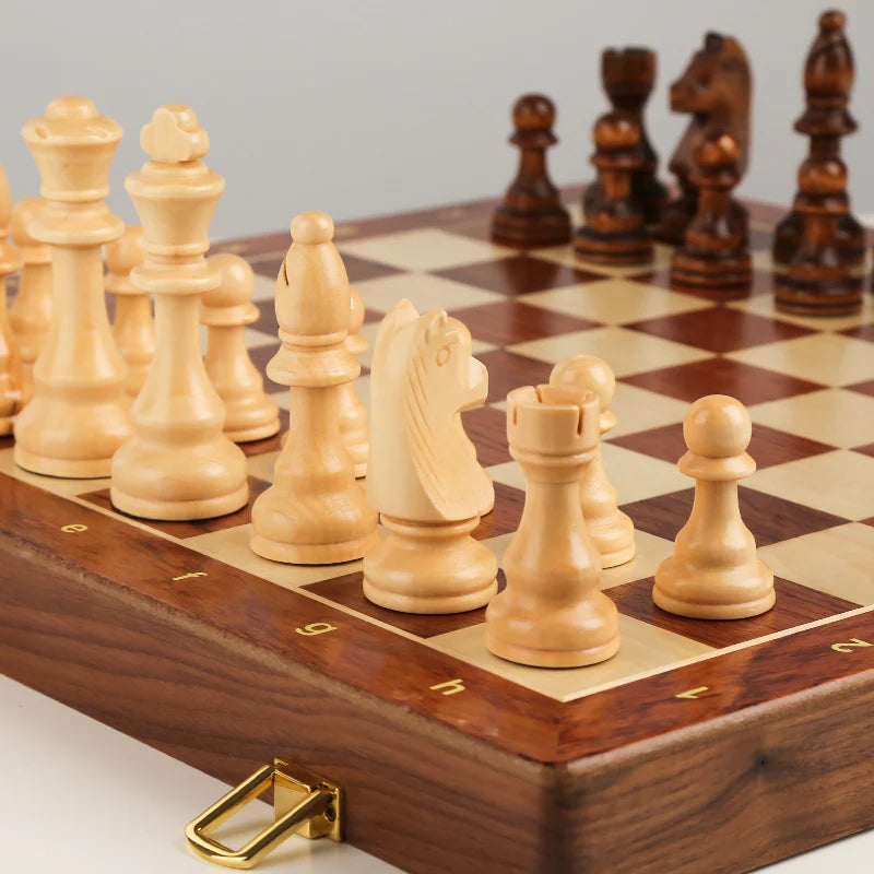 15" x 15" High-end Folding Chess Set Top Grade Classic Handwork Solid Wood Pieces Walnut Chessboard Children Gift Board Game