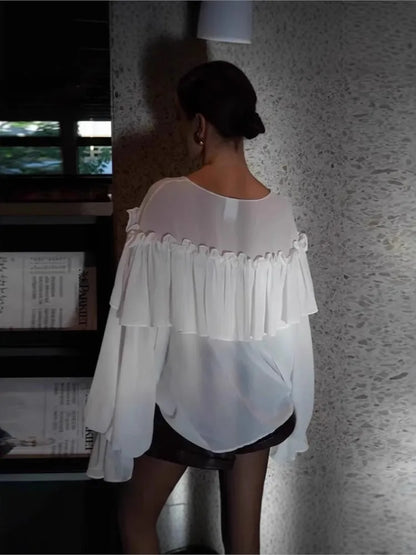 Sexy See-through Chiffon Top V-neck Long Sleeve Beach Party Shirt Trans-seasonal Women's Low Cut Shirt Ruffle Solid Color Tops