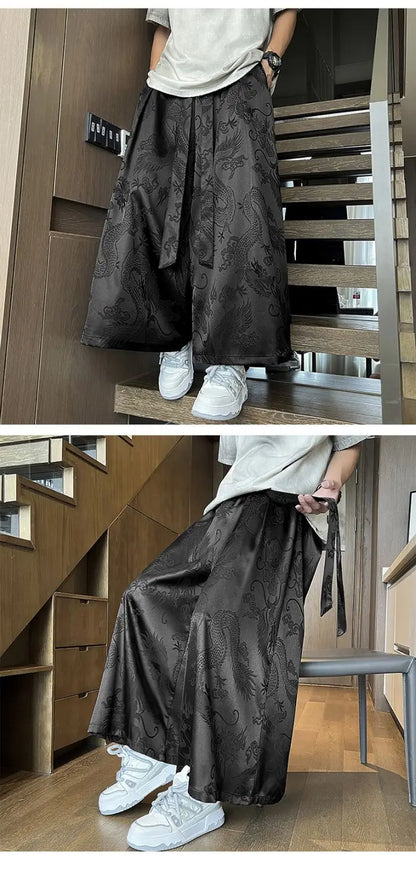 Men's Black Dragon Jacquard Wide-Leg Pants - New Chinese Style Satin Belted Trousers