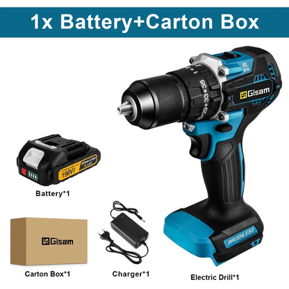 GIsam 13mm Electric Drill Brushless Impact Screwdriver Dual Speed 35+3 Torque Cordless Power Tool for Makita 18V Battery Pins