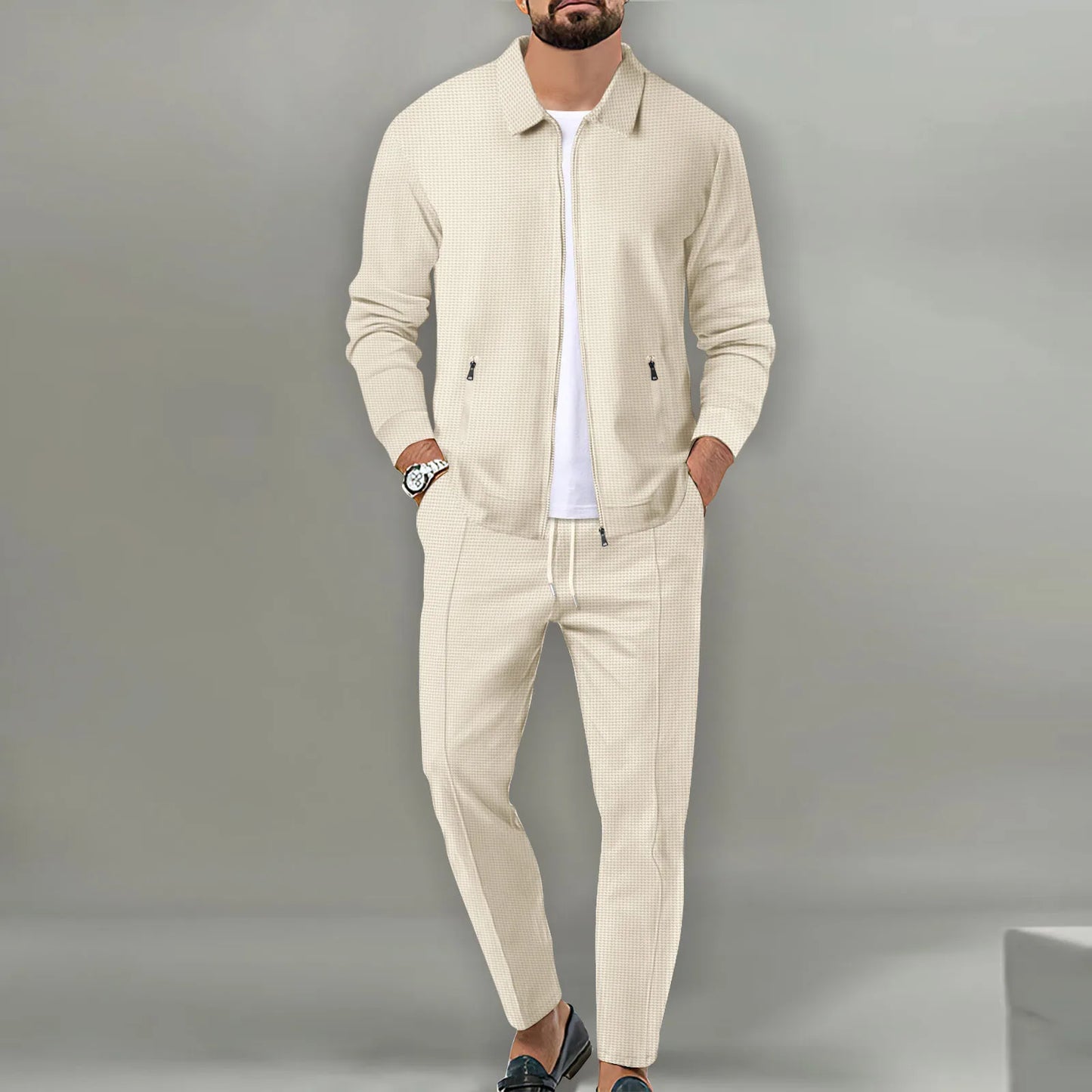 Autumn Winter Men's Casual Blazer Set New Fashion Waffle Baseball Suit Round Neck Pocket Zipper Long Sleeve Trousers Two-Piece S