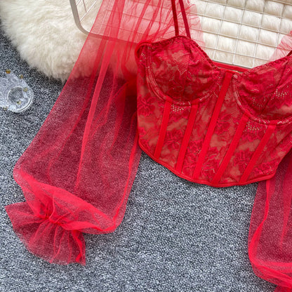 Women Chic Lace Mesh Sheer  Long Sleeve Backless Crop Top Solid Slim Sexy Korean Fashion Summer Women Shirt Square Collar