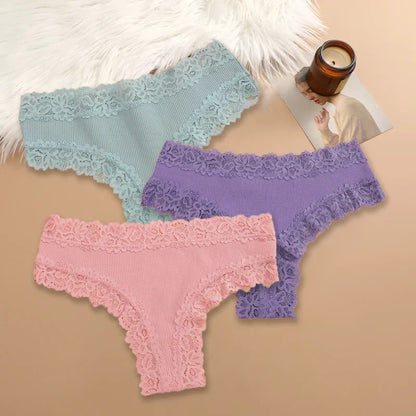 3Pcs/set Women Cotton Lace Panties Floral Intimate Underwear Trendy Patchwork Lace Briefs Female Soft Underpants Lingerie S-XL