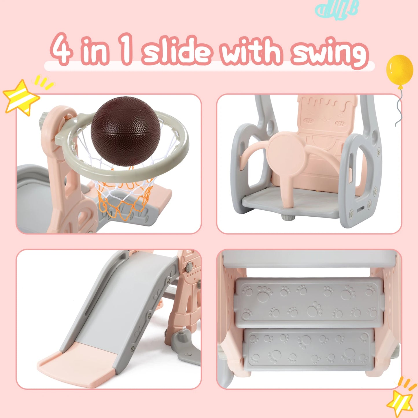 Rosahqnda 4-in-1 Children slide Indoor & Outdoor Outdoor Outdoor Playground for Toddlers Swing 1-6 Years