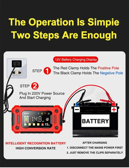 12V 8A /12V 15A Car Battery Charger | One-Touch Pulse Repair & Auto Start | All-in-One Fast Charger for Car, Motorcycle, Truck