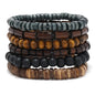 4Pcs/ Set Braided Wrap Leather Bracelets for Men Vintage Life Tree Rudder Charm Wood Beads Ethnic Tribal Wristband Rope Bracelet