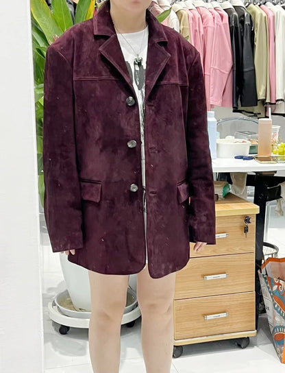 French High-end Western-style Leather Jacket for Women 2026 New Color Purple Red Oversized Casual Kid Suede Suit Blazer Outwears