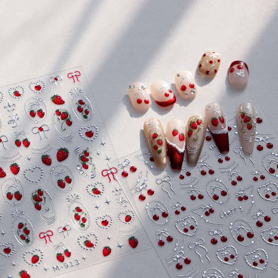 Fresh Sweet Fruits Strawberry Cherry Bowknot Love Heart Lemon 5D Nail Art Stickers Self Adhesive Decorations Nail Manicure Decal