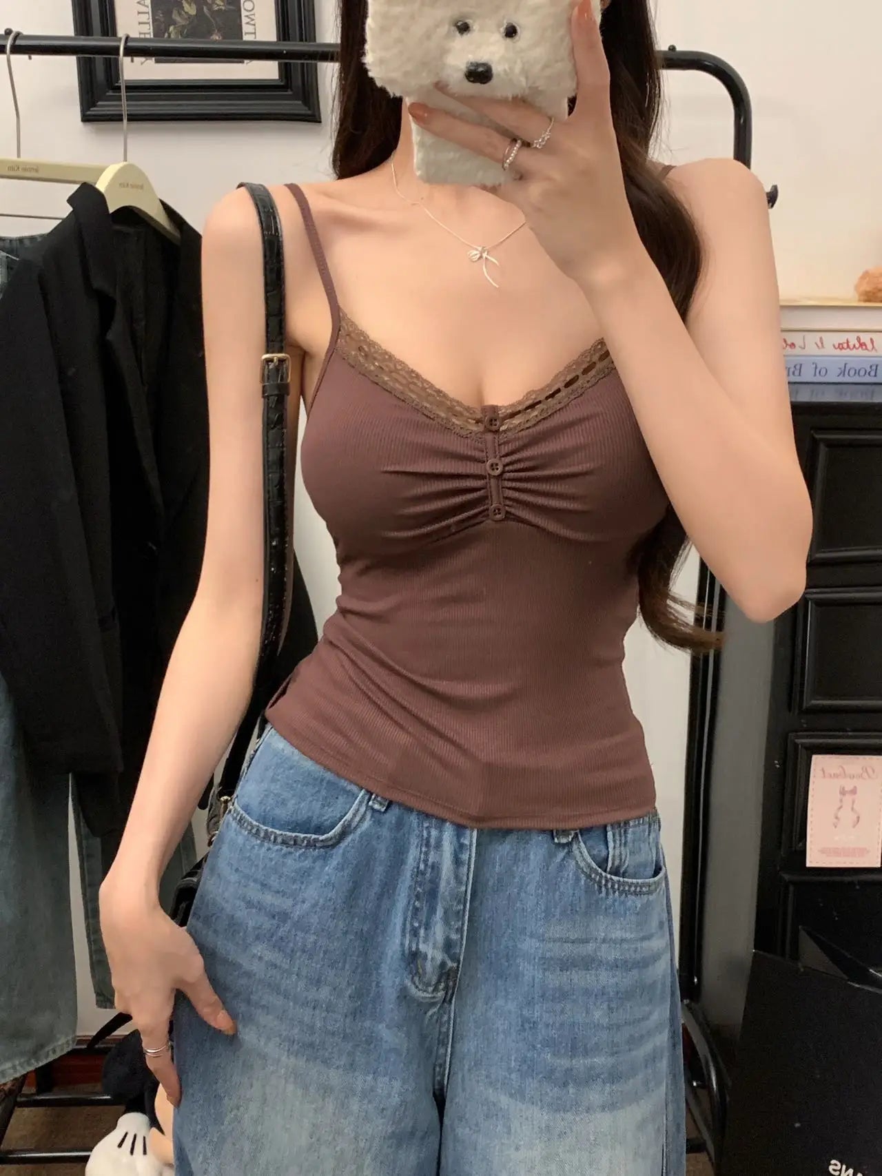 Pure Desire Sexy Lace Splice Strap Vest Women's Inner Wear Slimming Matching Top Trendy Tube Top Cotton Blend Elastic Fiber