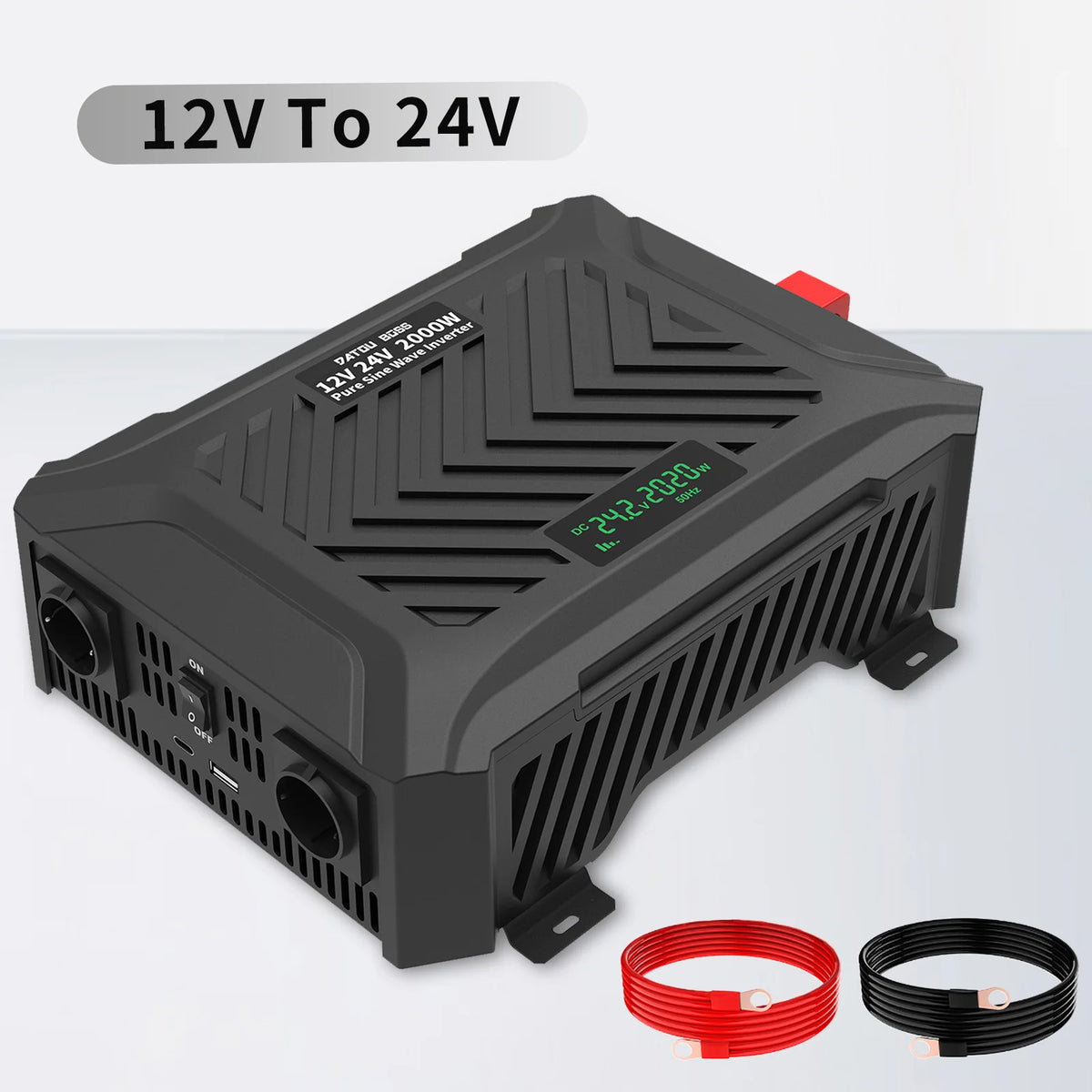 DATOUBOSS 2000W Pure Sine Wave Inverter DC12V-24V Auto Switching Portable Dual Voltage Car Inverter for RV Off-Grid Solar System