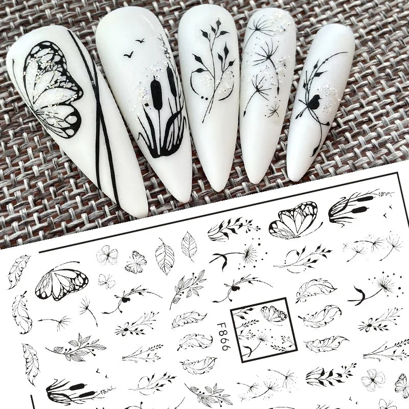 Black and White Love Flowers Line Art 3D Stickers Nail Decals Nail Art Accessories Butterfly Rose Nail Stickers Nail Sliders