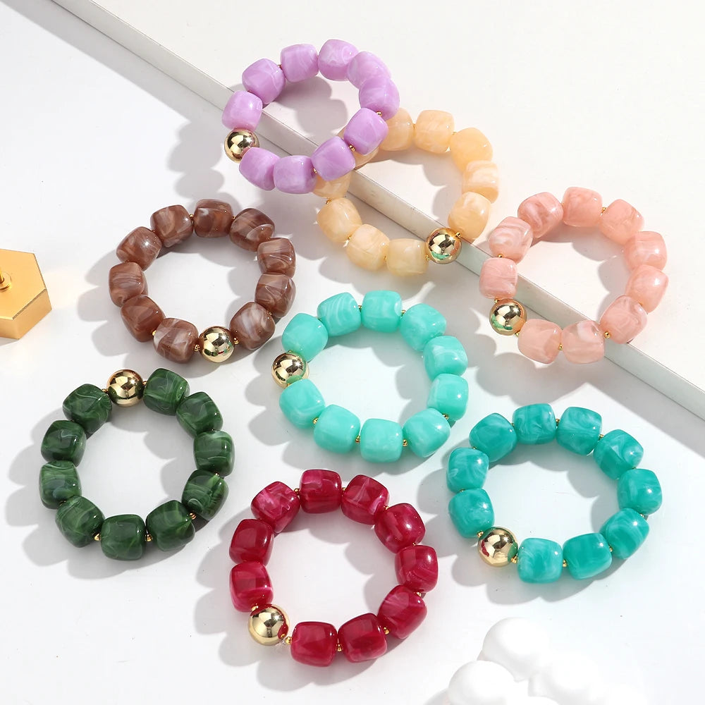 Acrylic Square Beads Elastic Bracelets for Women Boho Irregular Stone Shape Beaded Handmade Bracelet Bangle Retro Jewelry Gifts