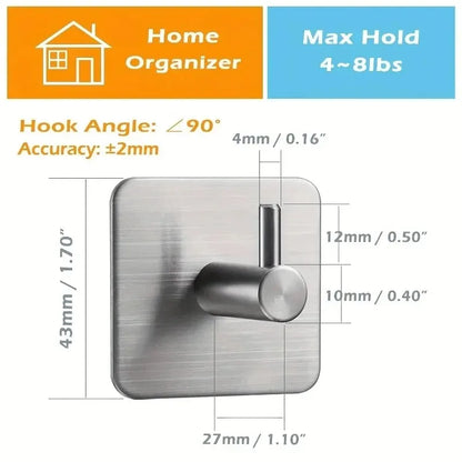4pcs Self-Adhesive Towel Hooks 304 Stainless Steel Stick-On Wall Hooks For Home Coat Robe Bathroom Organization Accessories