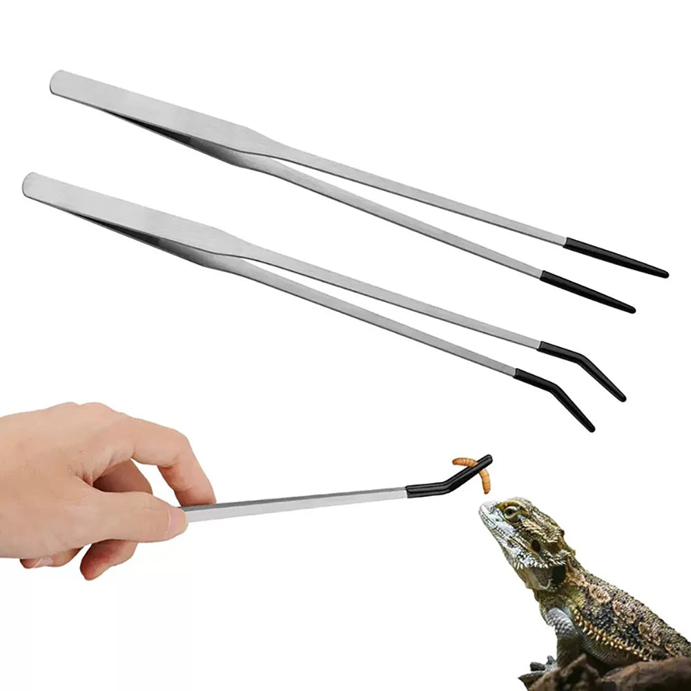 Stainless Steel Reptile Feeding Tongs with Rubber Tips - Straight & Curved Aquarium Pet Tweezers for Safe And Easy Feeding