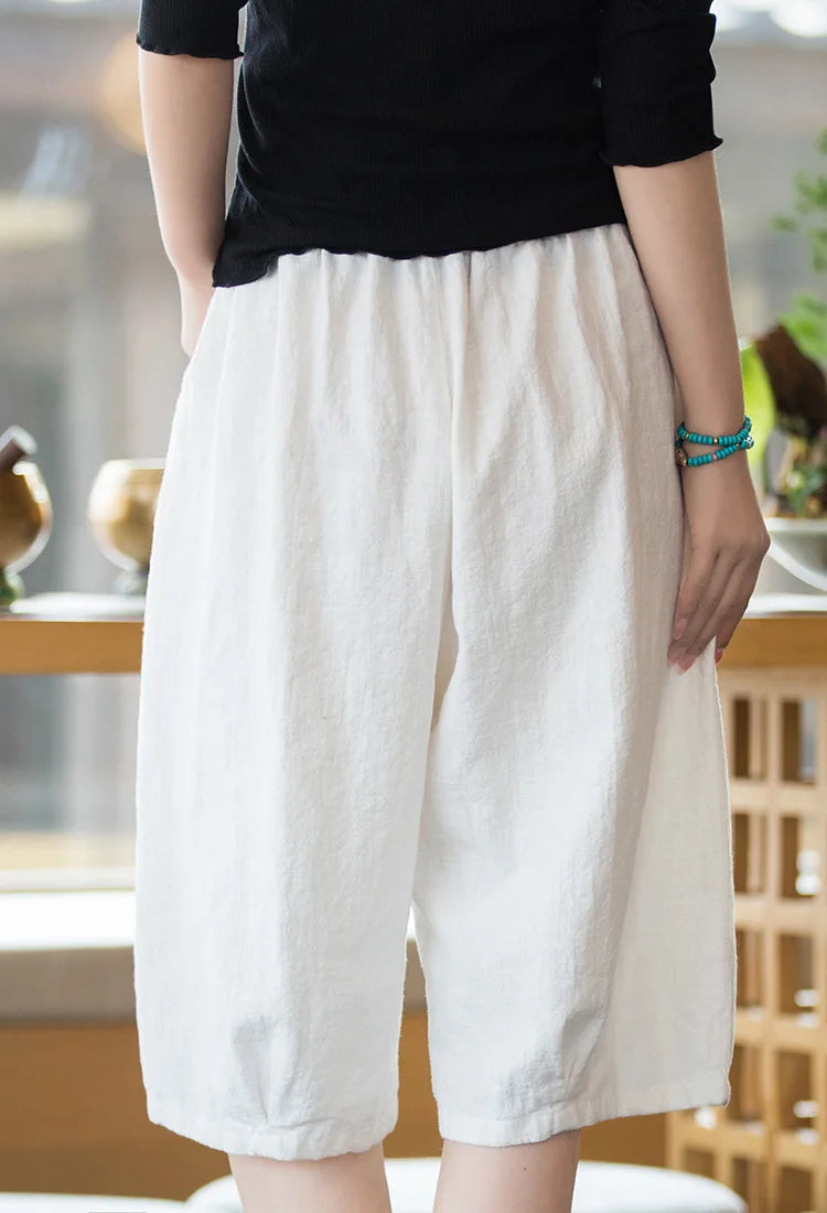 Johnature Women Solid Color Linen Casual Shorts 2025 Summer New Elastic Waist Striped Shorts