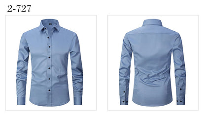 Men's long-sleeved shirt made of elastic fabric, wash-and-wear wrinkle-resistant business casual, silky smooth, pure color shirt