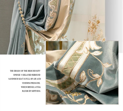 European Embroidered Thickened Blackout Blue Velvet Curtains for Living Room Bedroom Blackout  Lace Luxury Valance Tulle Custom