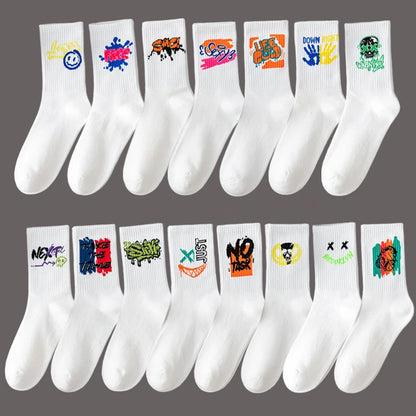 5/10 Pairs of High-Quality Couple's Fashionable Sports Socks With Graffiti Patterns Soft and Comfortable Men's Oversized Socks