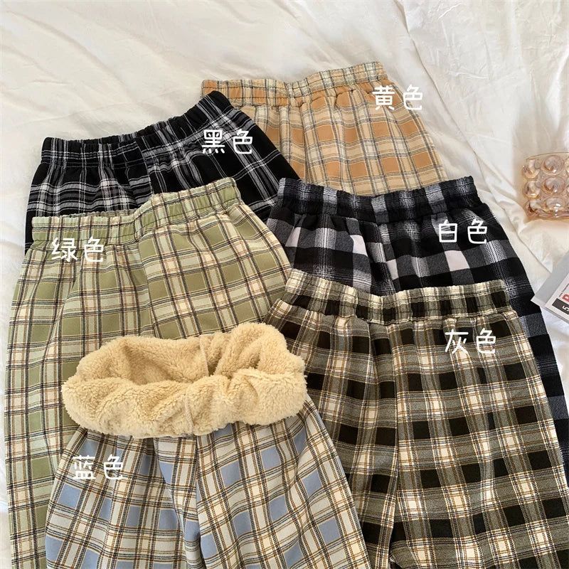 JMPRS Fashion Warm Plush Pants Thick Plaid Women Casual Loose Wide Leg Trousers Korean Streetwear Straight Student Pants New