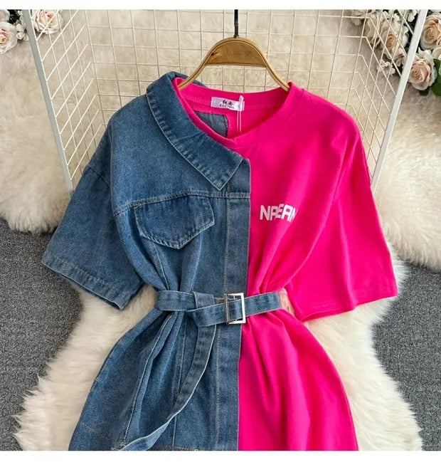 Retro Hong Kong Sle Chic Casual Mid-Length round Ne Patchwork Color Denim irt with Belt Spring New Women's Faion Top