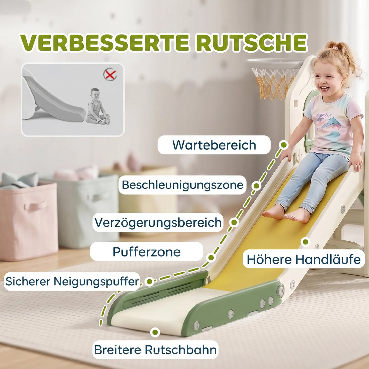 Foldable 4-in-1 Toddler Slide with Climbing Elements, Basketball Stand, Storage Space and Basketball for Kids 1-3 Years Old, Cream White, Kids Toy Slide, Kids Slide, Outdoor Toy Slide
