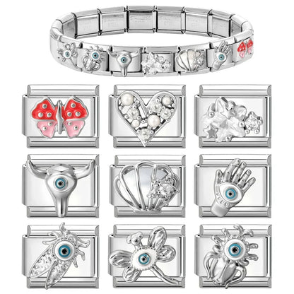 Wholeasle Shiny Zircon Shell Love Heart Devil Eyes Italian Charm Links Fit 9mm Stainless Steel Bracelet Women Jewelry DIY Making