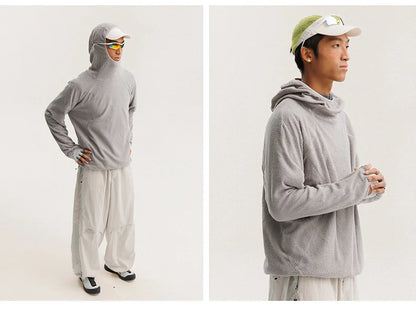 Unisex Lightweight Cloud Velvet Hooded Quick-Dry Shirt for Outdoor Sports: Classic Hood, Elastic Cuffs & Brand Logo Details