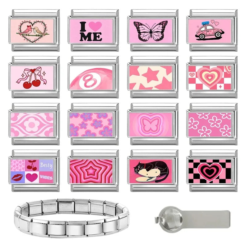 Wholesale Sweet Pink Series Stars Heart Flowers Butterfly Italian Link Fit 9mm Stainless Steel Bracelet Making DIY Charm Jewelry