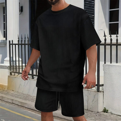 2025 summer new men's suit leisure solid color jacquard round neck fashion all-match short-sleeved T-shirt drawstring shorts set