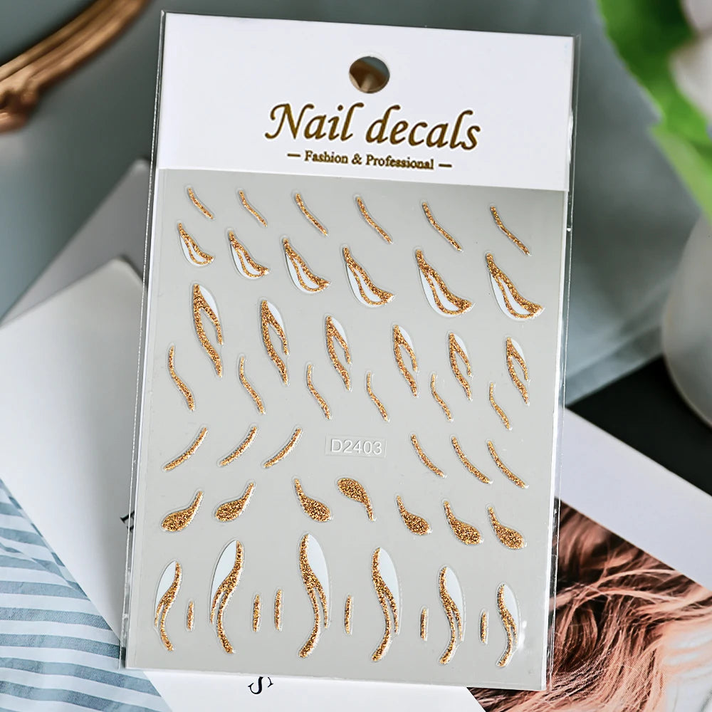 1pcs Gold Glitter French Design Nail Stickers White Silver Curve Lines Stripe Wave Nail Decals Slider Reflective Manicure Wraps