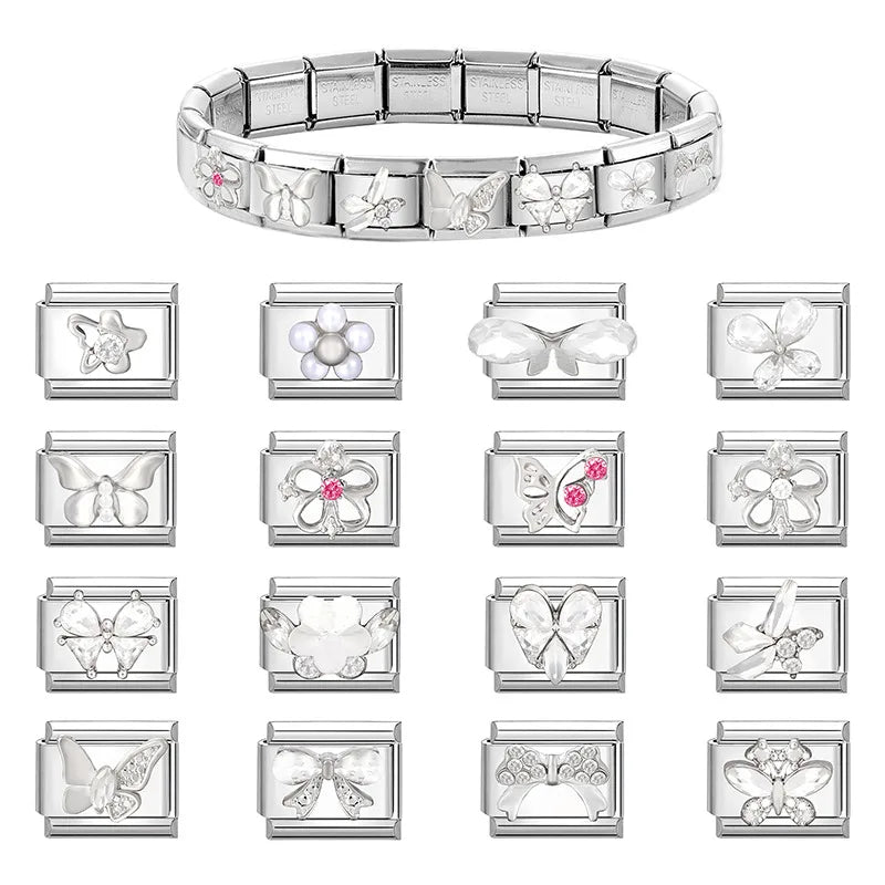 New Shiny Zircon Heart Butterfly Flower Star Bow Italian Charm Links Fit 9MM Stainless Steel Bracelet Girls' DIY Making Gift