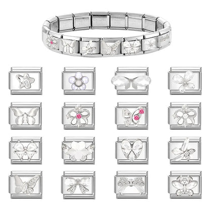 New Shiny Zircon Heart Butterfly Flower Star Bow Italian Charm Links Fit 9MM Stainless Steel Bracelet Girls' DIY Making Gift
