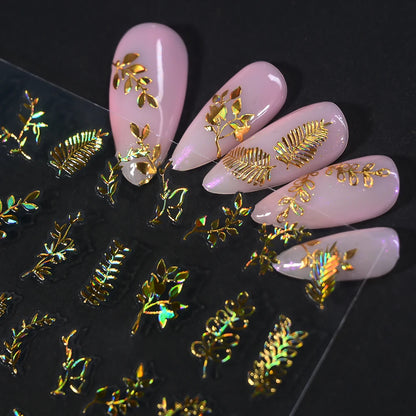 12pcs/set 3D Shiny Leaf Flower Nail Art Sticker Laer Gold Bronzing Leaves Nail Decals 8*10cm Self-Adhesive Nail Art Supplies e5#