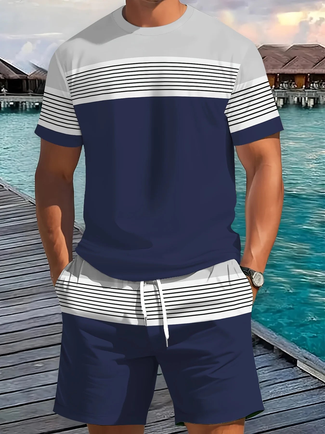 2026 Summer New Arrival Men's Casual Two-Piece Set Striped Print Short-Sleeve Shirt and Athletic Shorts Set Men's Fitness Set