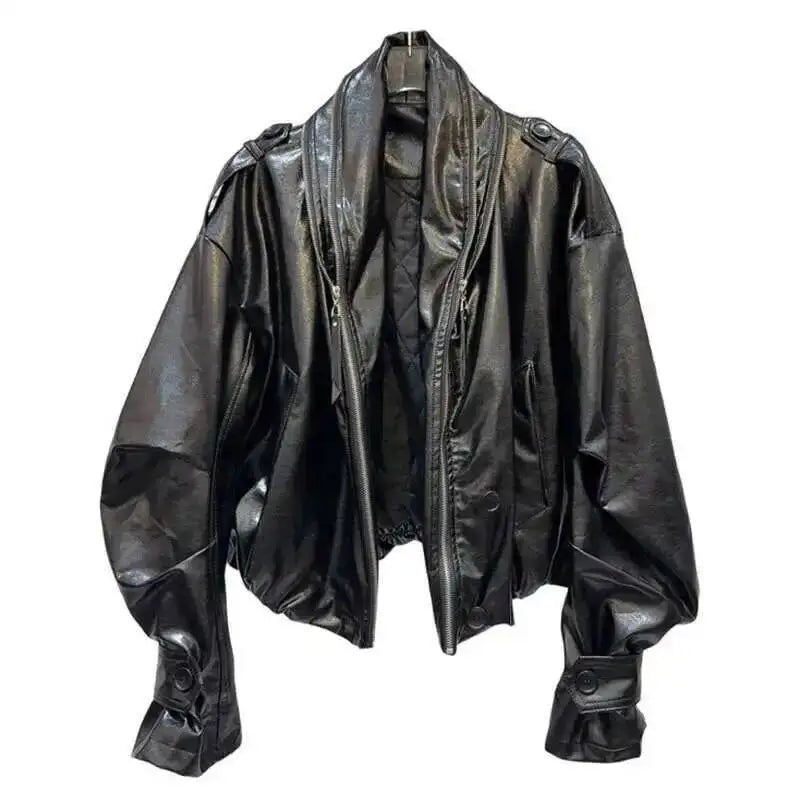 DEAT 2026 Summer New Item Fashion Double Zipper PU Leather Quilted Jacket For Women High Street Black Loose Coat Female 11A01245
