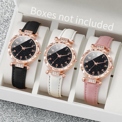 3PCS Women Watches Fashion Rhinestone Heart Dial Quartz Watch Female Leather Band Wristwatches Set（Without Box）