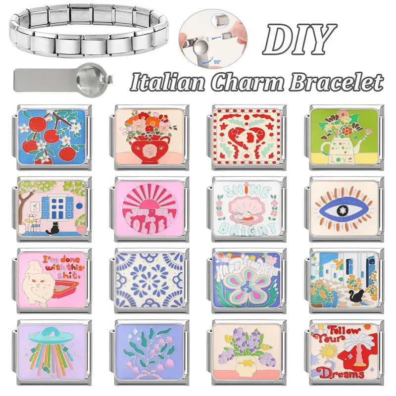 Fashion Drip Glaze Blue Eyes Colorful Butterfly Italian Charm Links Fit 9mm Stainless Steel Bracelet Jewelry DIY Making Beads