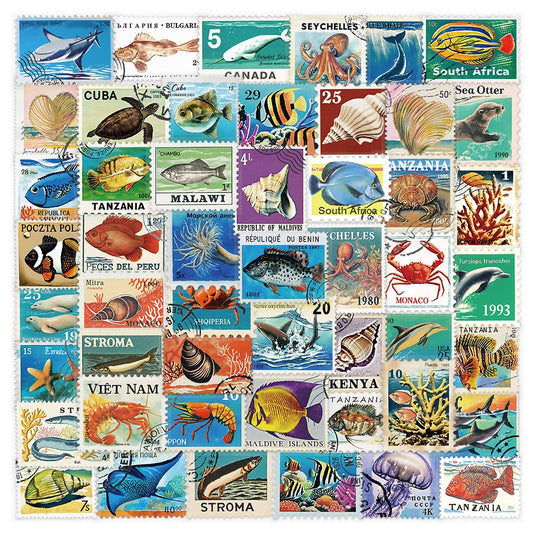 10/30/50pcs Retro Marine Life Animals Stamp Stickers Cartoon Vintage Art Decals Suitcase Phone Laptop Guitar Sticker Decoration