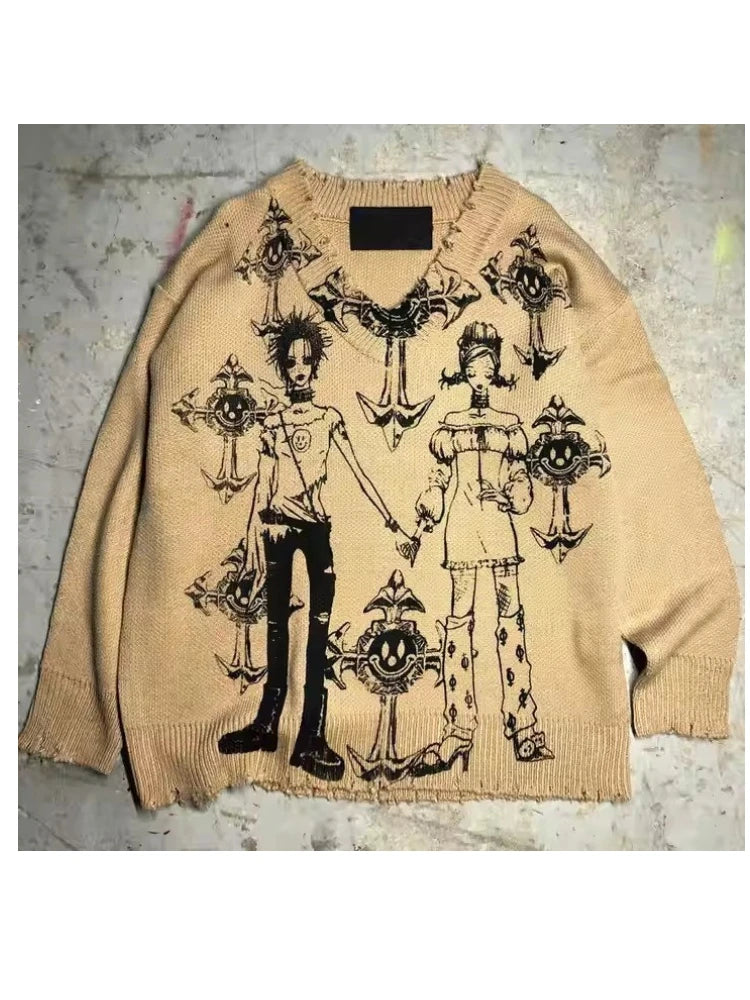 Autumn and winter new dark retro knitted jacquard sweater American street hip-hop trend V-neck loose top Y2k clothing