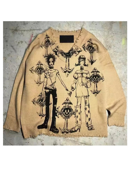 Autumn and winter new dark retro knitted jacquard sweater American street hip-hop trend V-neck loose top Y2k clothing