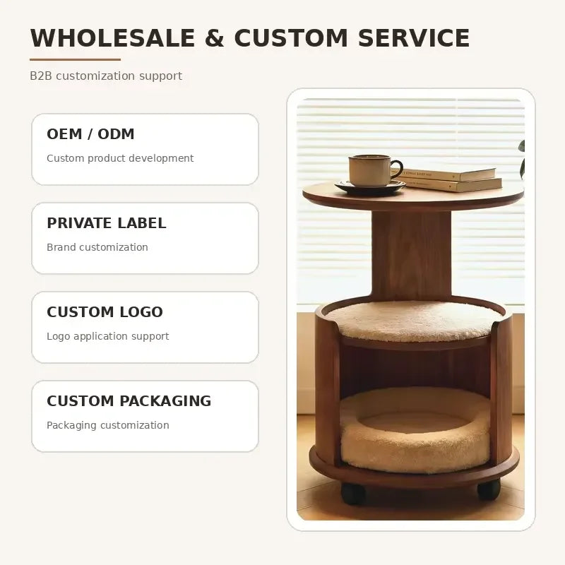 Wooden Pet Side Table Bed Combo with Removable Plush Cushion Smooth Rolling Casters for Cats Small Dogs Home Furniture