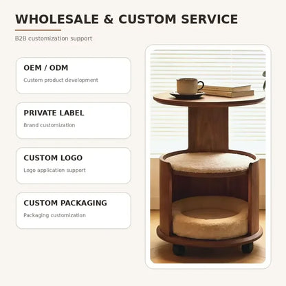 Wooden Pet Side Table Bed Combo with Removable Plush Cushion Smooth Rolling Casters for Cats Small Dogs Home Furniture