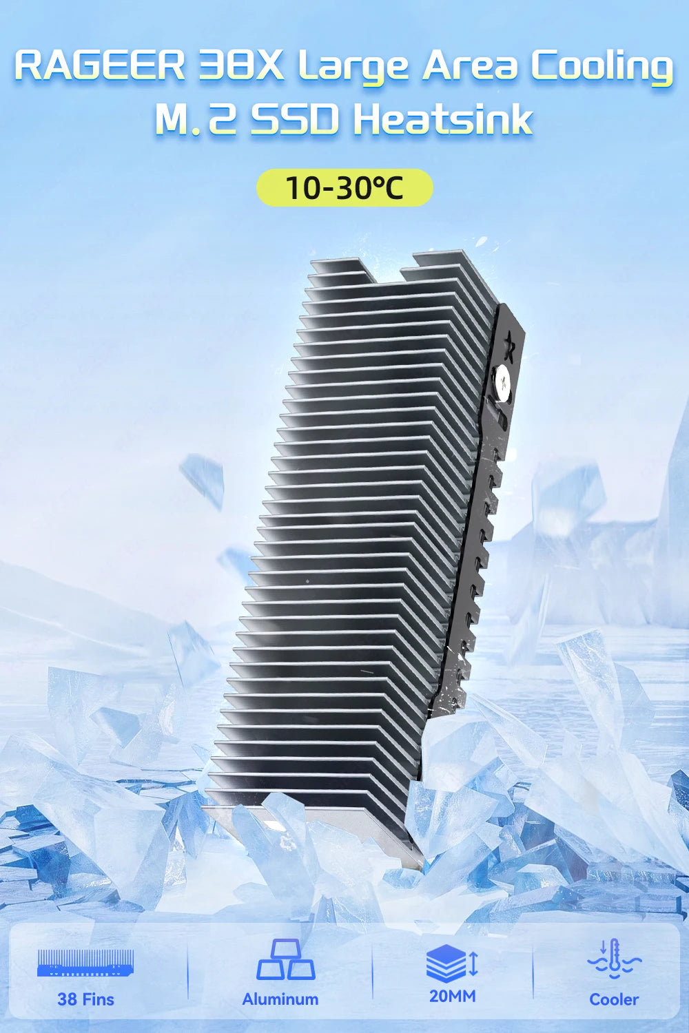 RAGEER M.2 SSD Cooler, Heavy Duty Aluminum Convection Heat Sink, NVME NGFF Cooler,  FrostBlade 1 Passive Heat Sink with 38 Fins