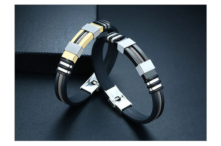 Vnox Stainless Steel Bracelet Men Wrist Band Black Grooved Rudder Silicone Mesh Link Insert Punk Wristband Stylish Casual Bangle