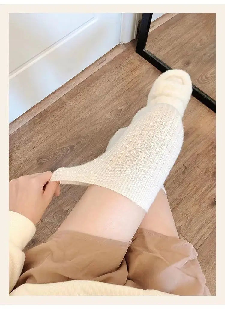 Cashmere Knitted Knee High Socks Women's Solid Soft Long Wool Socks Casual Fluffy Warm Stocking Skinny Thicken Thigh High Socks