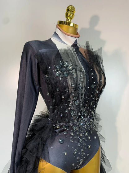 2025 New Black Perspective Bodysuit Women Sexy Singer Dance Stage Performance Costume Evening Party Birthday Photo Shoot Outfit