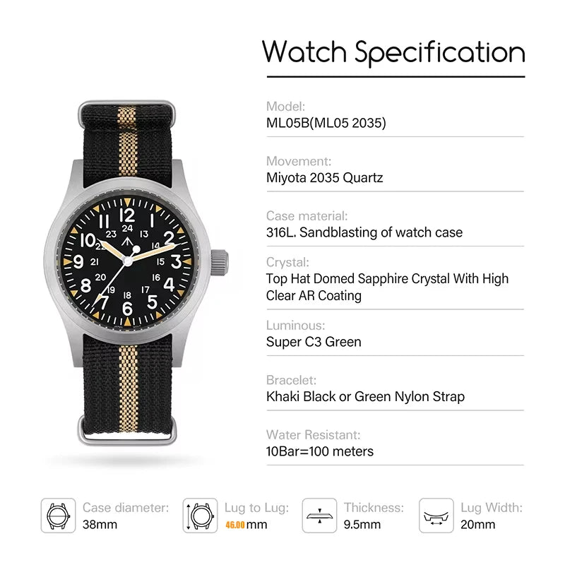 Militado ML05 38mm Military Watch Miyota 2035 Movement Domed Sapphire Crystal C3 Green Luminous 10Bar Waterproof Vintage Watches